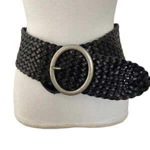 Jessica Simpson Black Wide Braided Leather Belt Silver Statement y2k Small